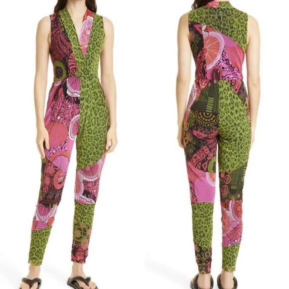 NWT FUZZI Tuta Sleeveless Tulle Stretch Abstract Print Jumpsuit in Strawberry S - Picture 1 of 11